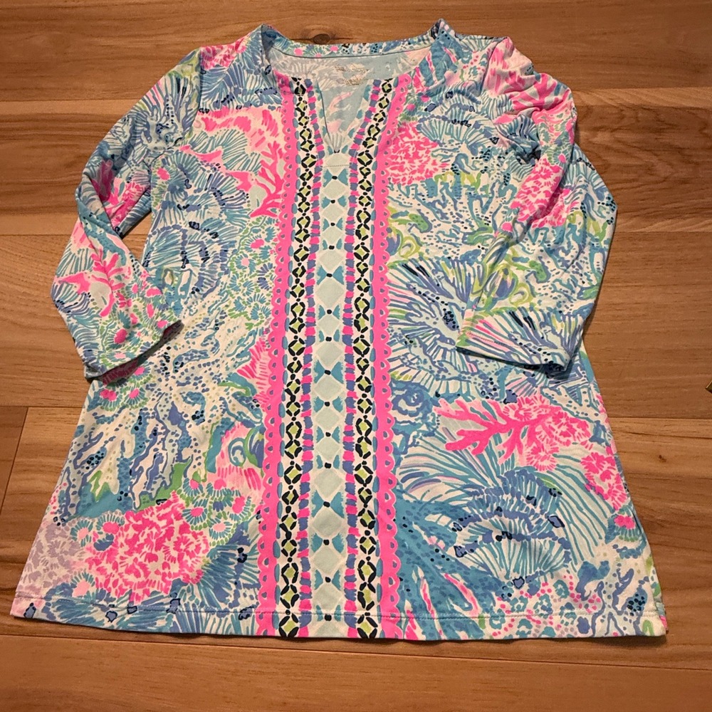 Lilly Pulitzer ChillyLilly Tunic Womens Small Blue Sink or Swim V-Neck Coastal